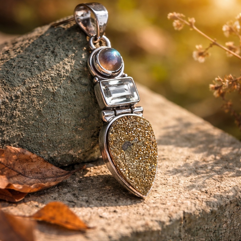 Labradorite & Gold Druzy Pendant Necklace - Picture 10 of 11